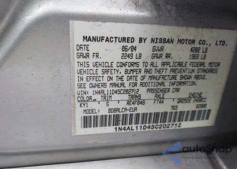 2005 Nissan Altima 2.5 S из США, поврежденный, VIN 1N4AL11D45C202712